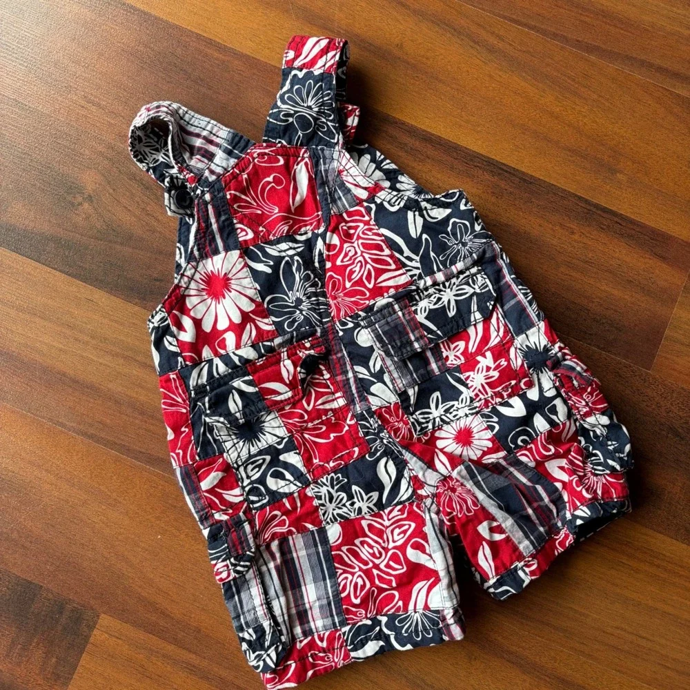 Y2K Childrens Place Baby Patchwork Floral Plaid‎ Shortalls Red Navy 12 Months